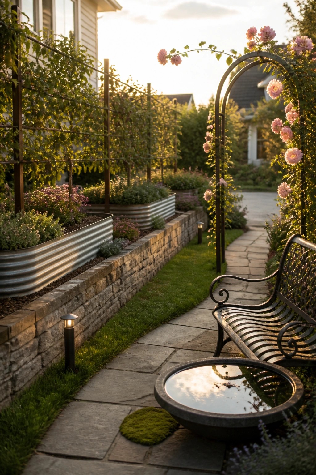 A stone path bordered by corrugated metal raised beds set on a low retaining wall, with a bench and rose-covered arch visible nearby.
