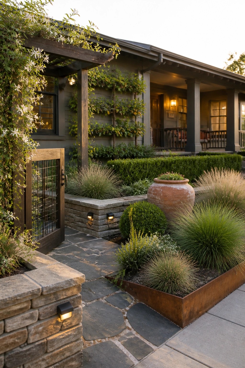 A home entry with stone and metal raised garden beds containing grasses and shrubs next to a stone pathway.