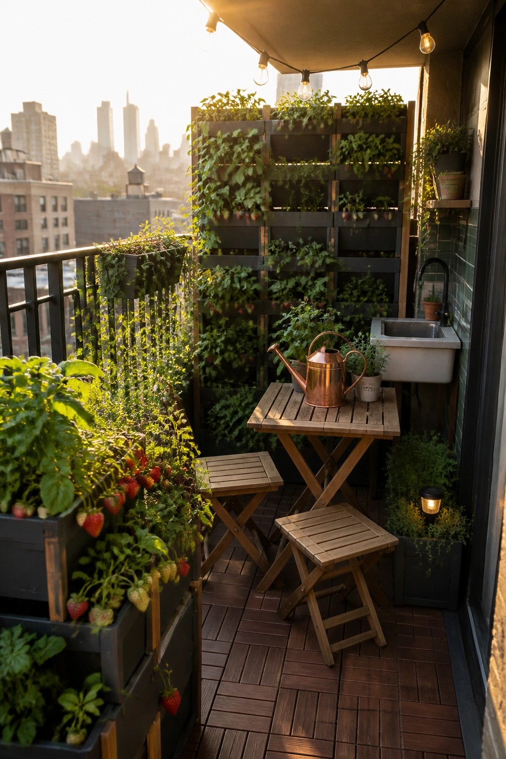 A small urban balcony with a vertical wall of raised beds filled with plants and strawberries, a wooden folding table with two stools, a sink, and a city skyline view.