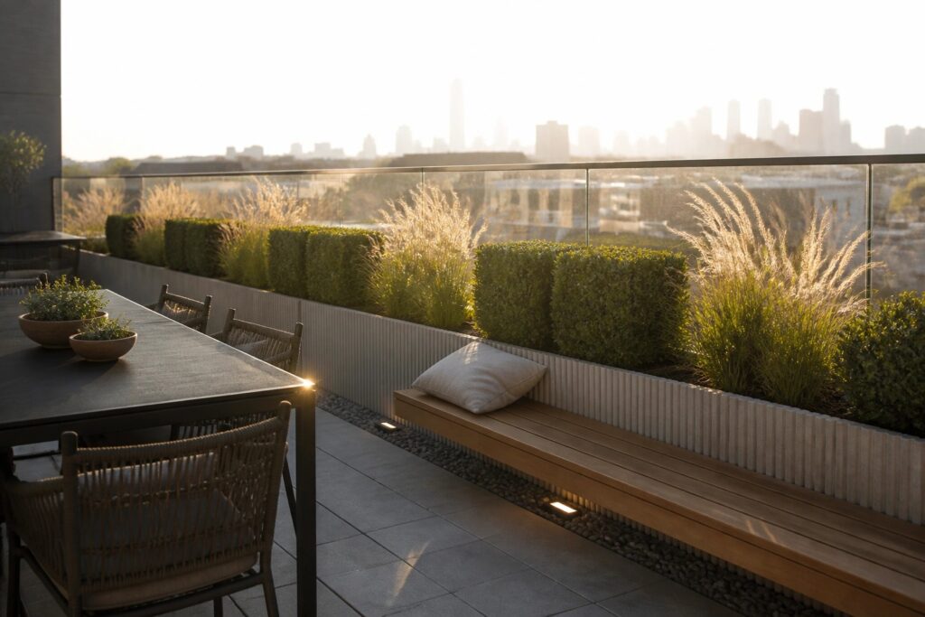 23 Modern Container Garden Ideas in Clean Planters and Structured Greens A modern balcony features a long wooden bench beside a linear planter filled with clipped shrubs and tall grasses, with a city skyline in the background.