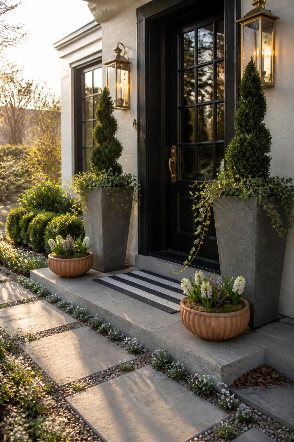 Black door entrance with lit lanterns, potted topiaries, and blooming flowers on steps