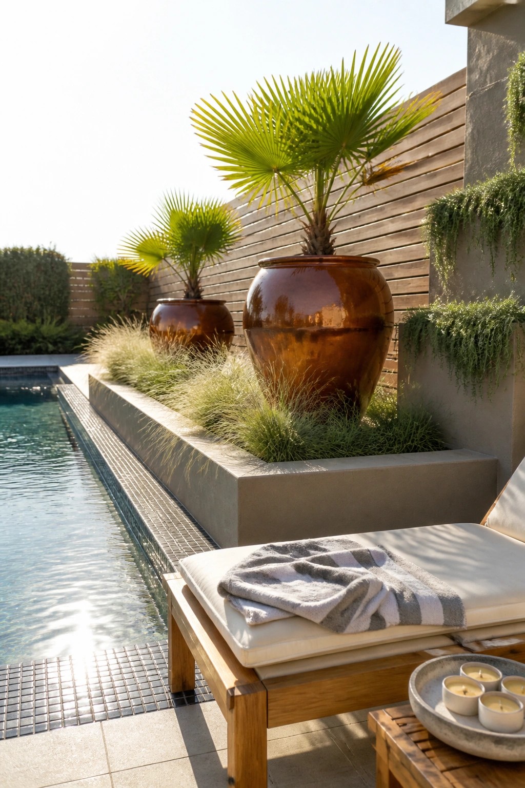 Large brown ceramic planters with palm trees and grasses line a concrete bed beside a swimming pool, with a cushioned lounge chair in the foreground.