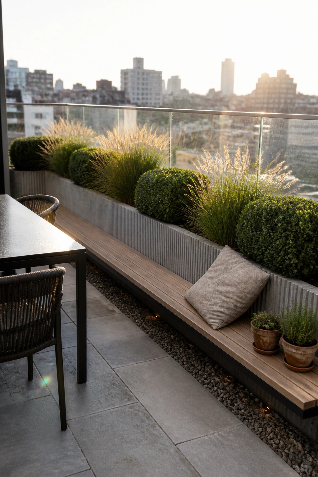 A modern balcony features a long wooden bench beside a linear planter filled with clipped shrubs and tall grasses, with a city skyline in the background.