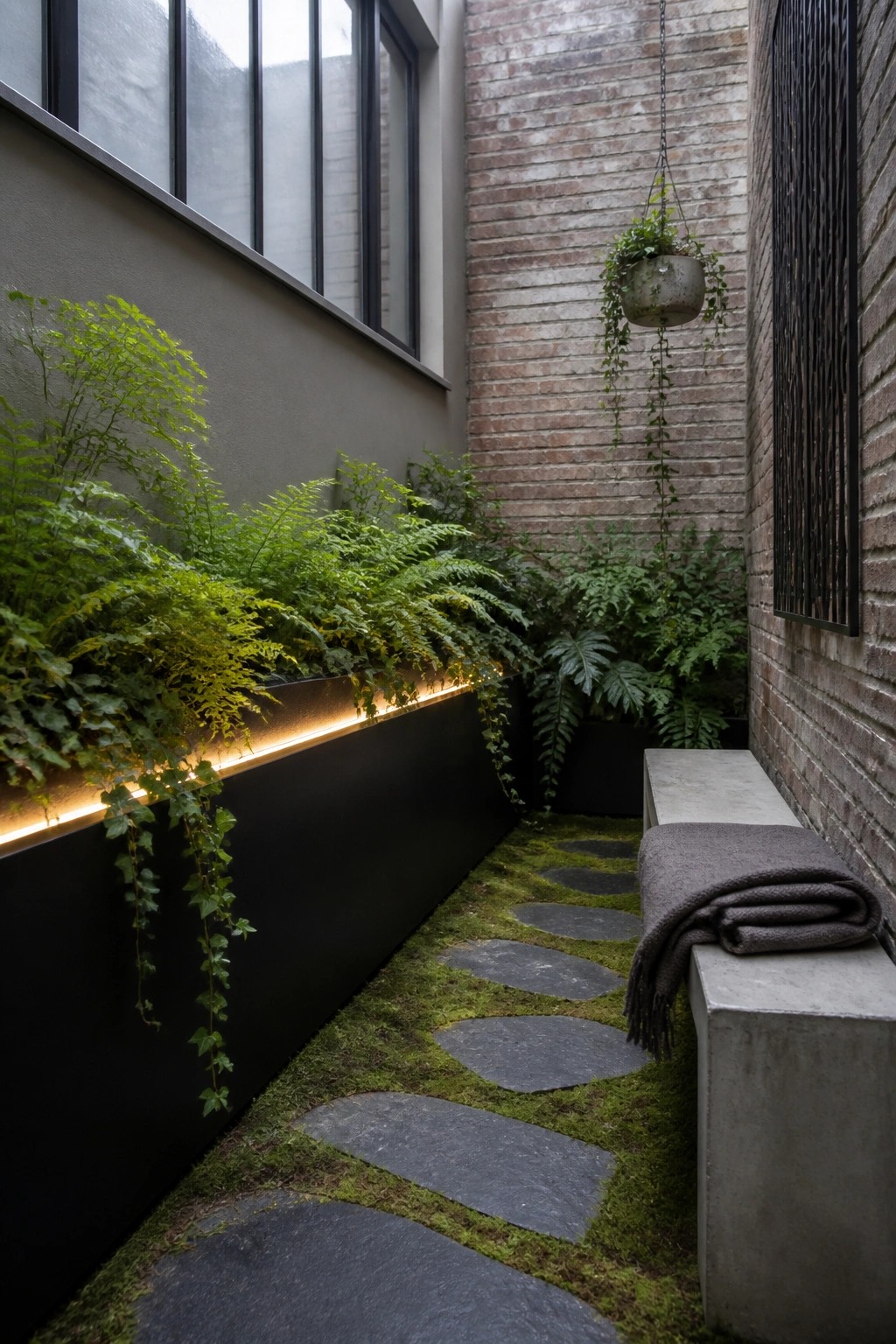 Narrow mossy path with stepping stones, lit fern planter, concrete bench and hanging plant.