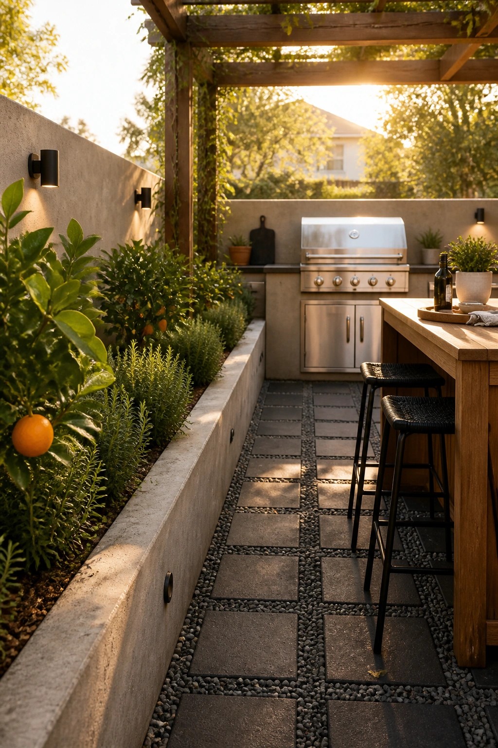 A long concrete raised planter with shrubs and small citrus trees runs beside a stone-paved path leading to an outdoor kitchen area with bar stools.