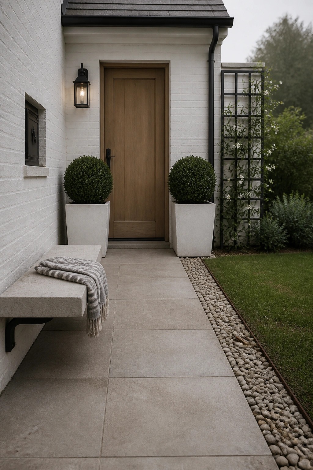 Front entry of a white brick house with a wooden door flanked by two white cube planters holding round green shrubs, a stone bench with a blanket on the left, and a gravel path.