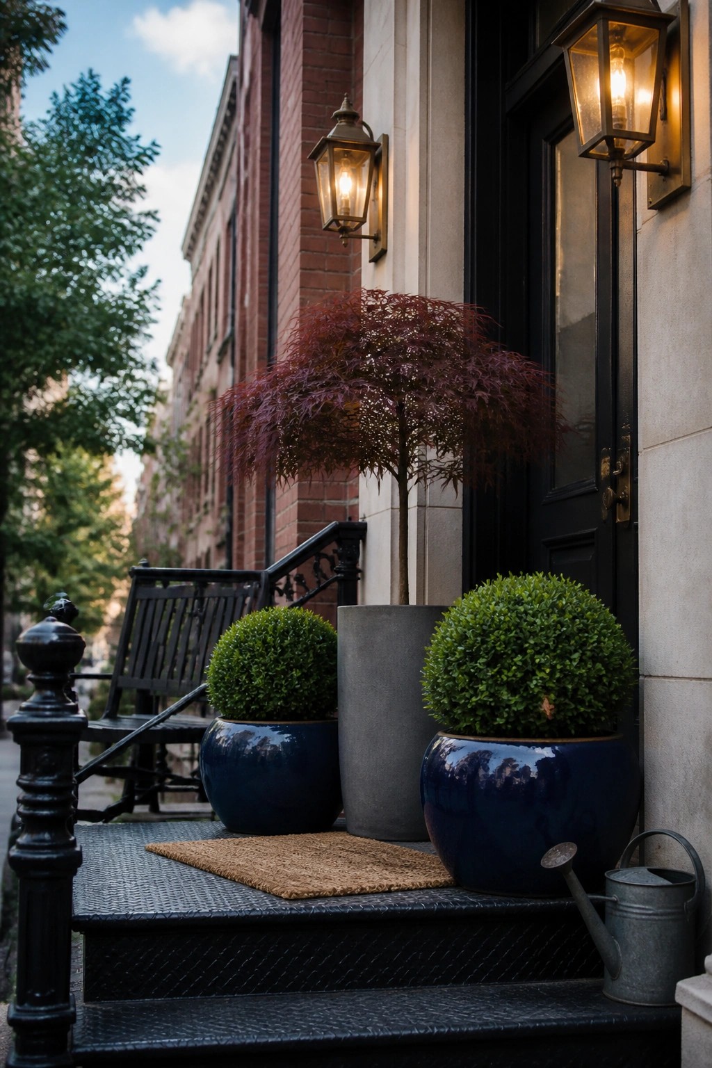 A brick townhouse entry with black steps holding two round boxwood shrubs in glossy blue pots, one taller tree in a gray planter, a small doormat, and a metal watering can beside a black door with lit lanterns.