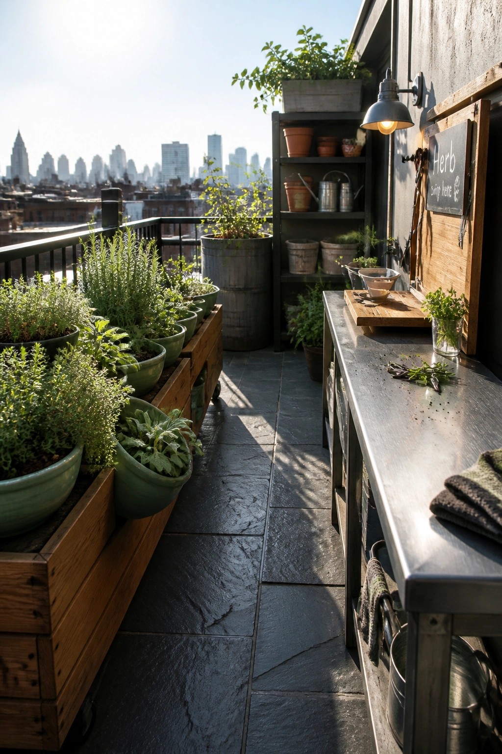 A rooftop balcony with rows of green herbs in wooden boxes and assorted pots, a metal work table with cut herbs, and a city skyline in the background.