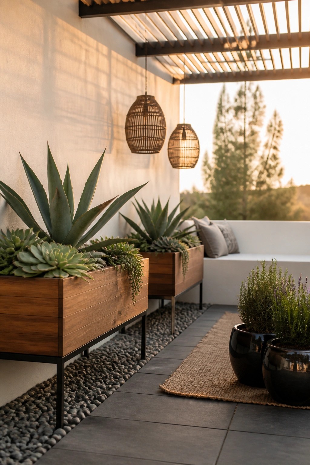 Outdoor patio with long wooden planters on black metal legs holding succulents and agaves, next to black pots on a rug and a white bench.