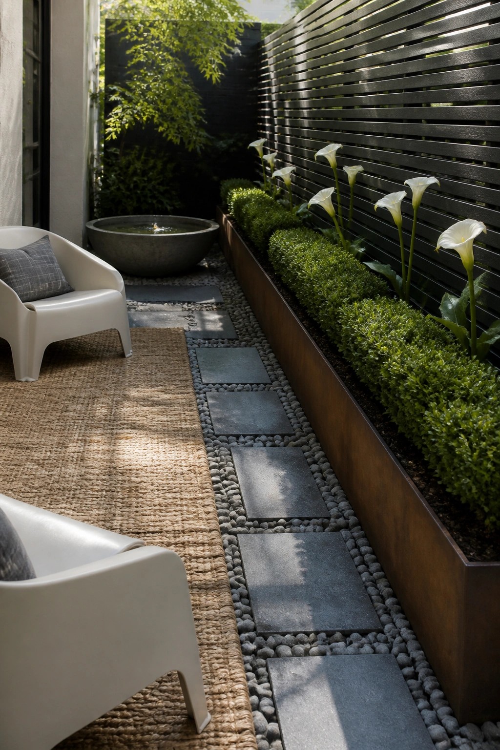 A narrow garden path with gray stone pavers set in gravel beside a long rectangular metal planter holding layered green shrubs and white calla lilies against a dark horizontal slat fence.