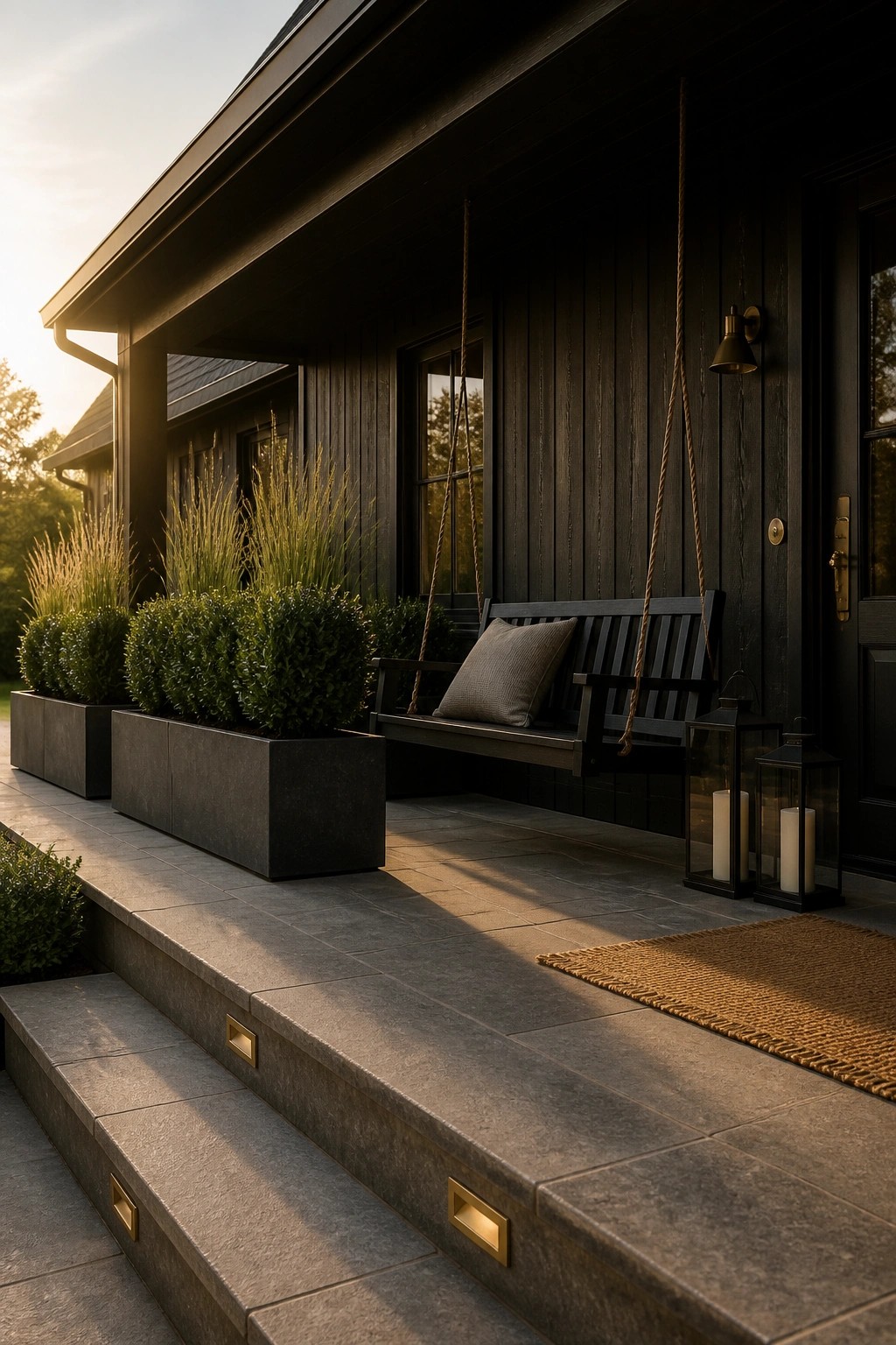Dark wooden porch with hanging swing, candle lanterns, planters, and stone steps at sunset