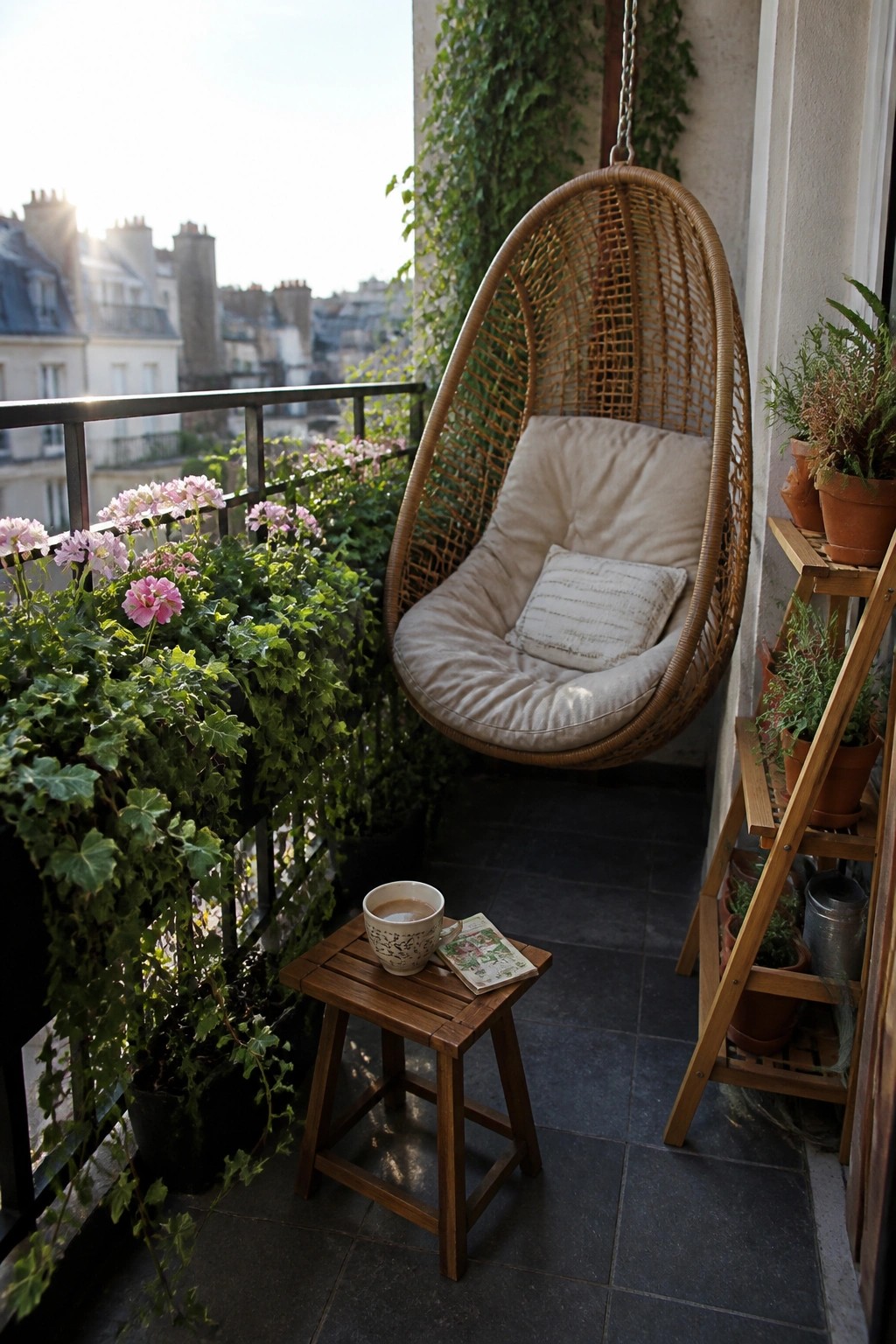 A small urban balcony with a hanging wicker chair, potted plants arranged on a wooden ladder shelf, and a low table holding a cup and book.