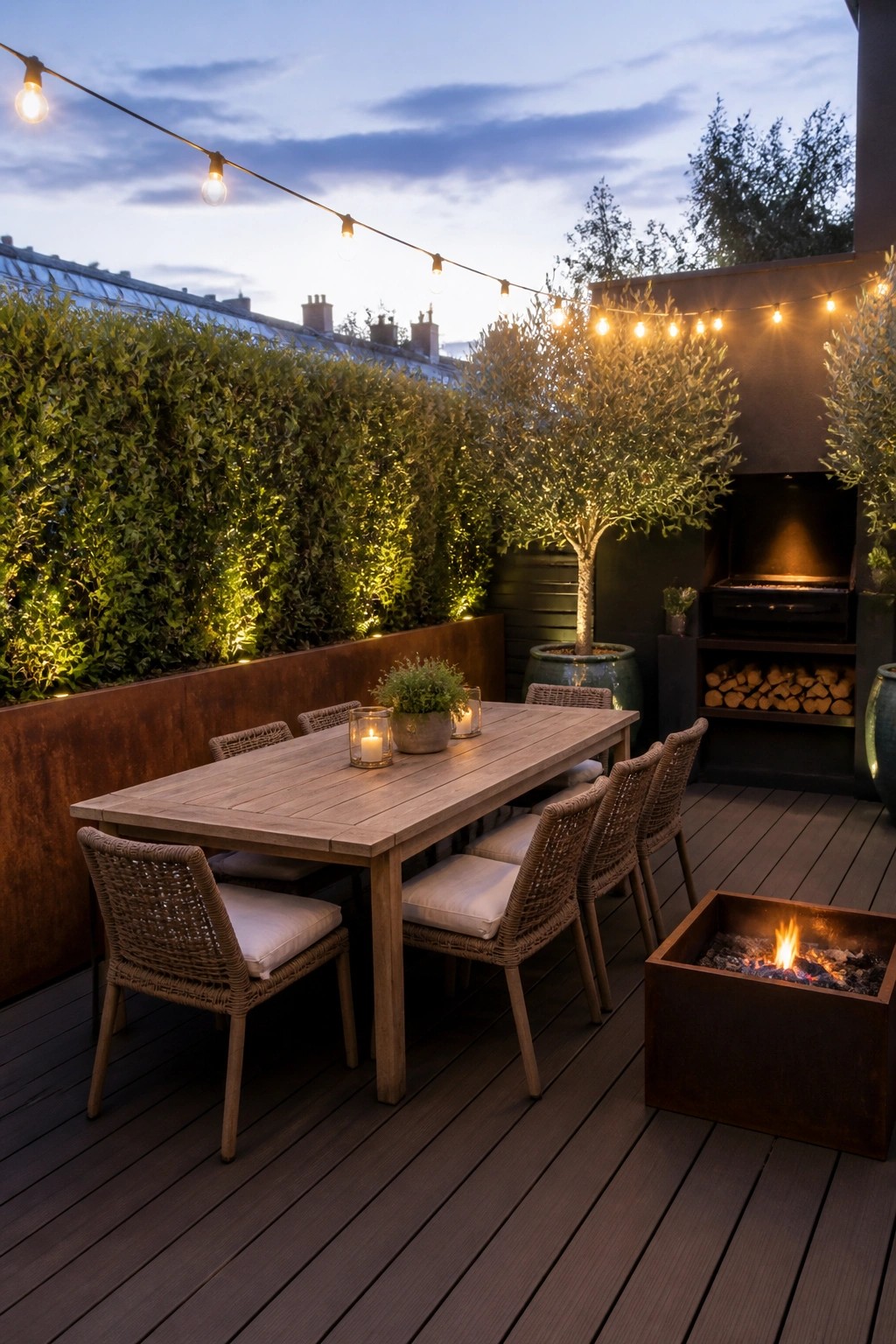 A wooden deck at dusk features a long dining table with woven chairs, large potted trees, a hedge in a metal planter, string lights, and a fire pit.