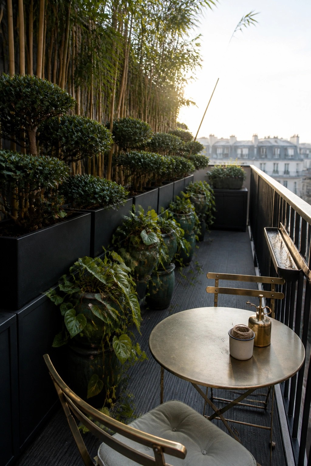 A city balcony with a row of black rectangular planters holding trimmed shrubs and green pots with trailing plants beside a round metal table and chairs.