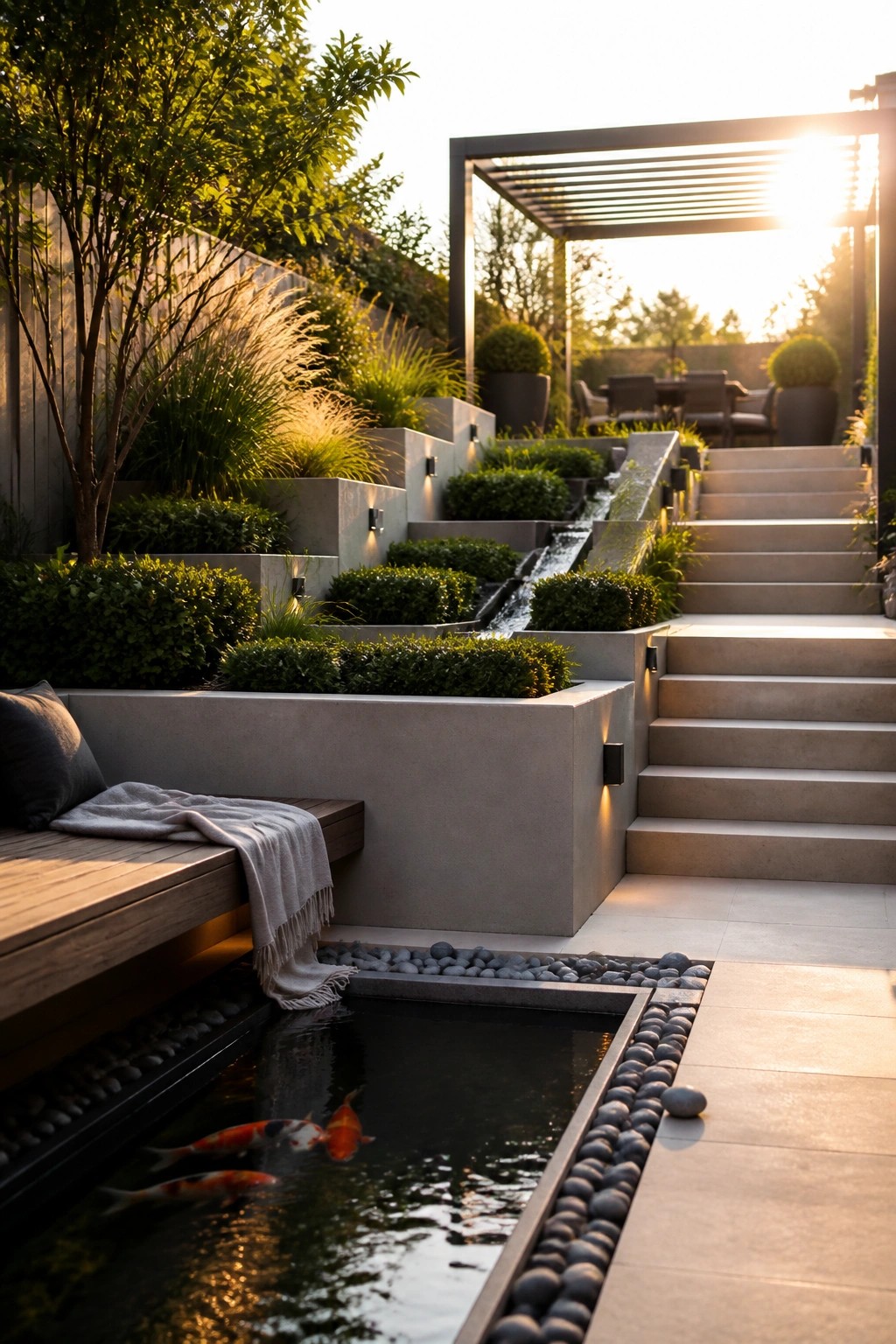 Modern garden with koi pond, wooden bench, cascading water, and concrete steps at sunset.