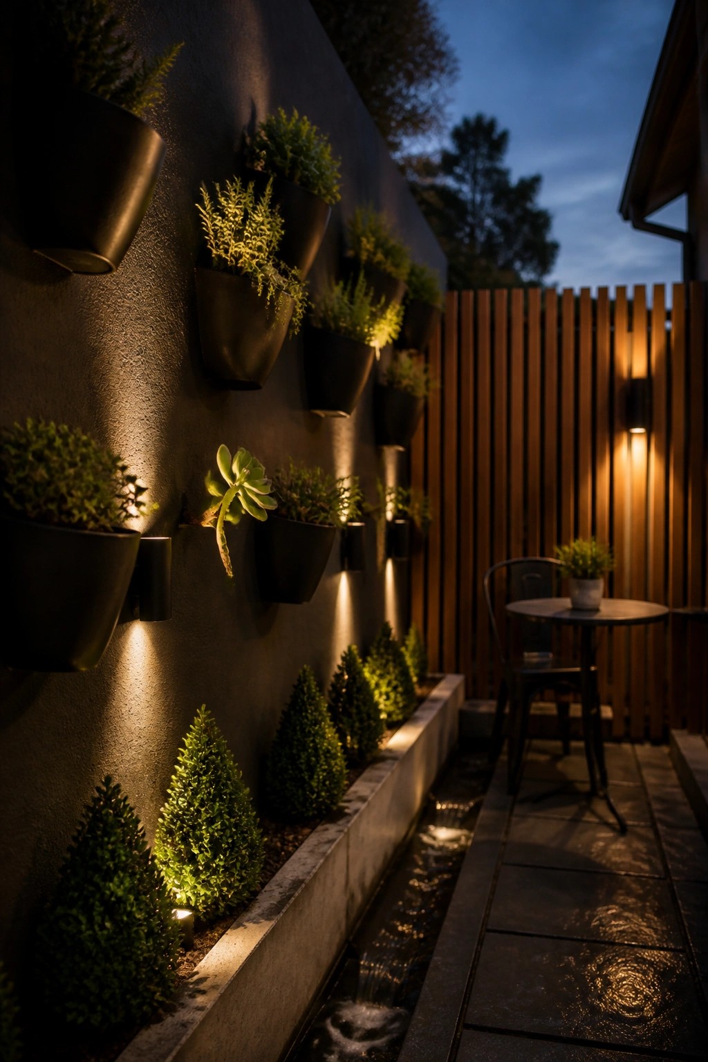 A dark exterior wall lined with black wall-mounted planters at different heights holding green plants, next to a narrow water channel and a small patio seating area.