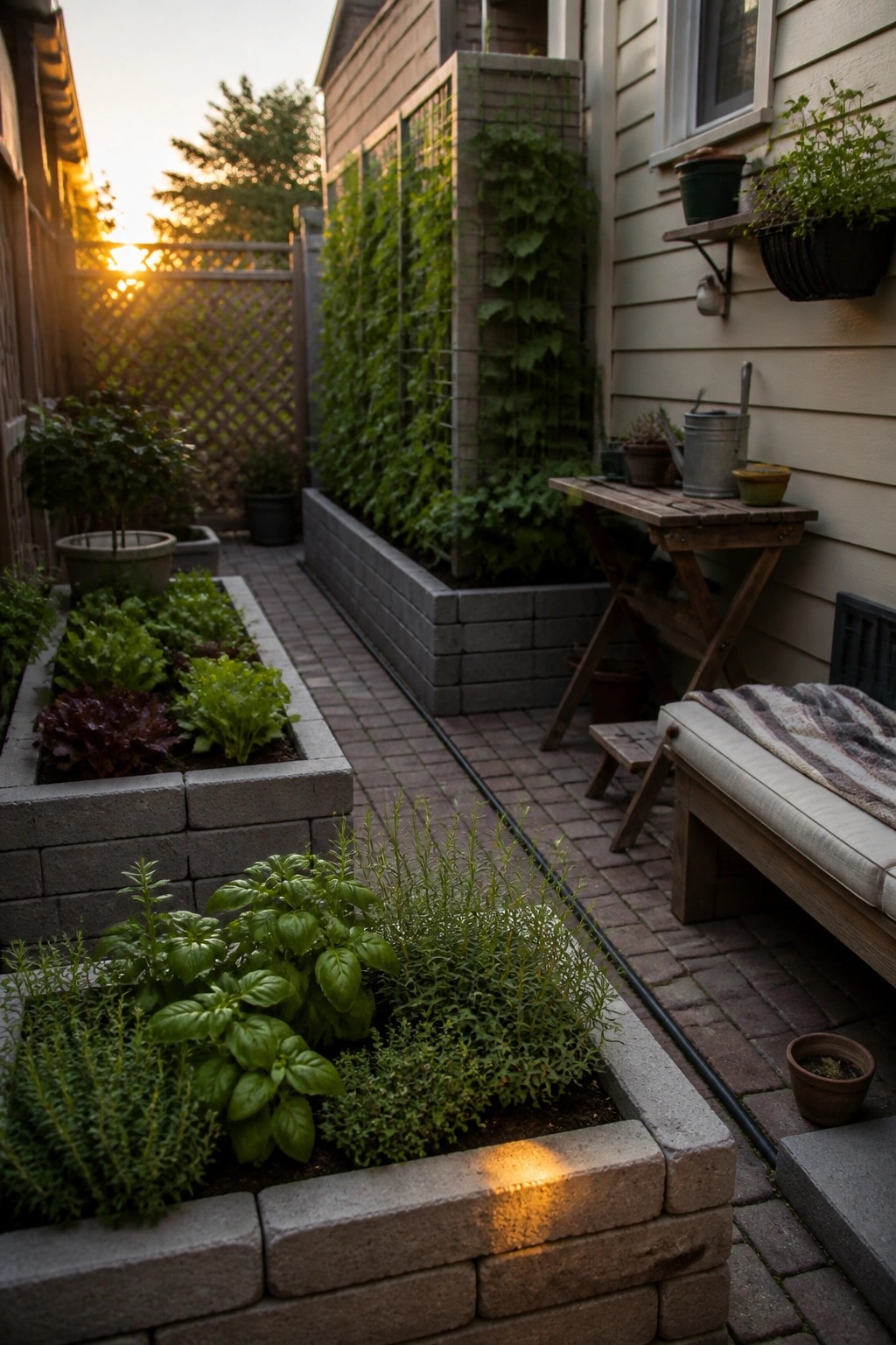 A narrow brick pathway lined with raised garden beds made of gray concrete blocks, filled with leafy vegetables and herbs.