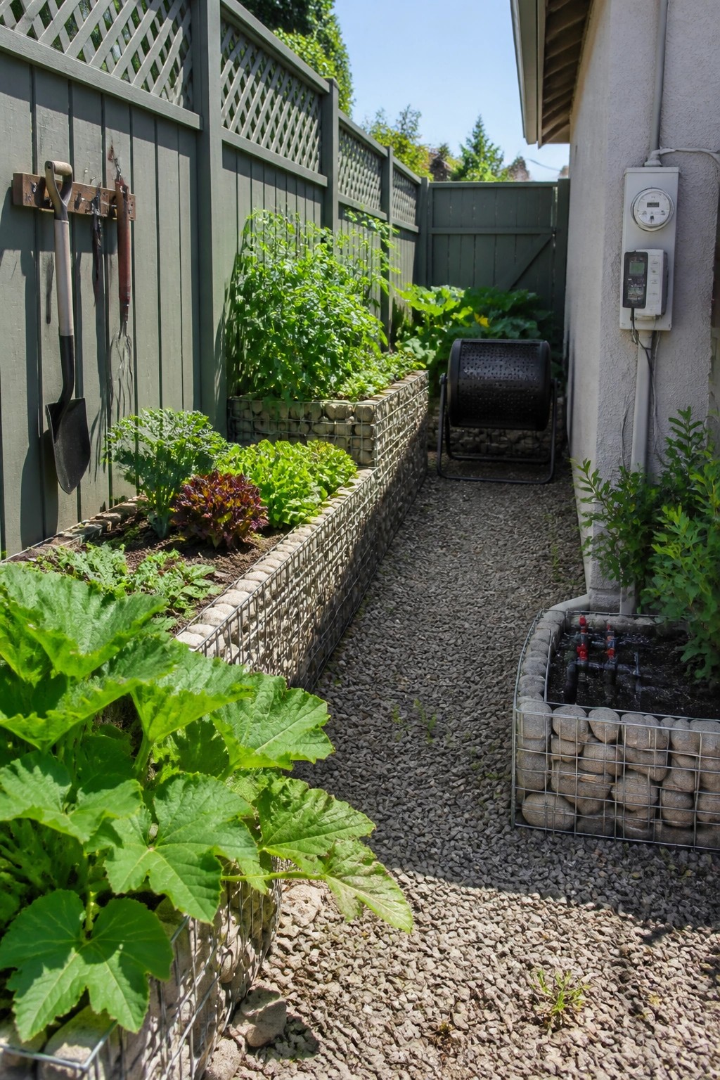 A narrow gravel path runs between two long gabion raised beds planted with leafy vegetables, next to a wooden fence with hanging tools.