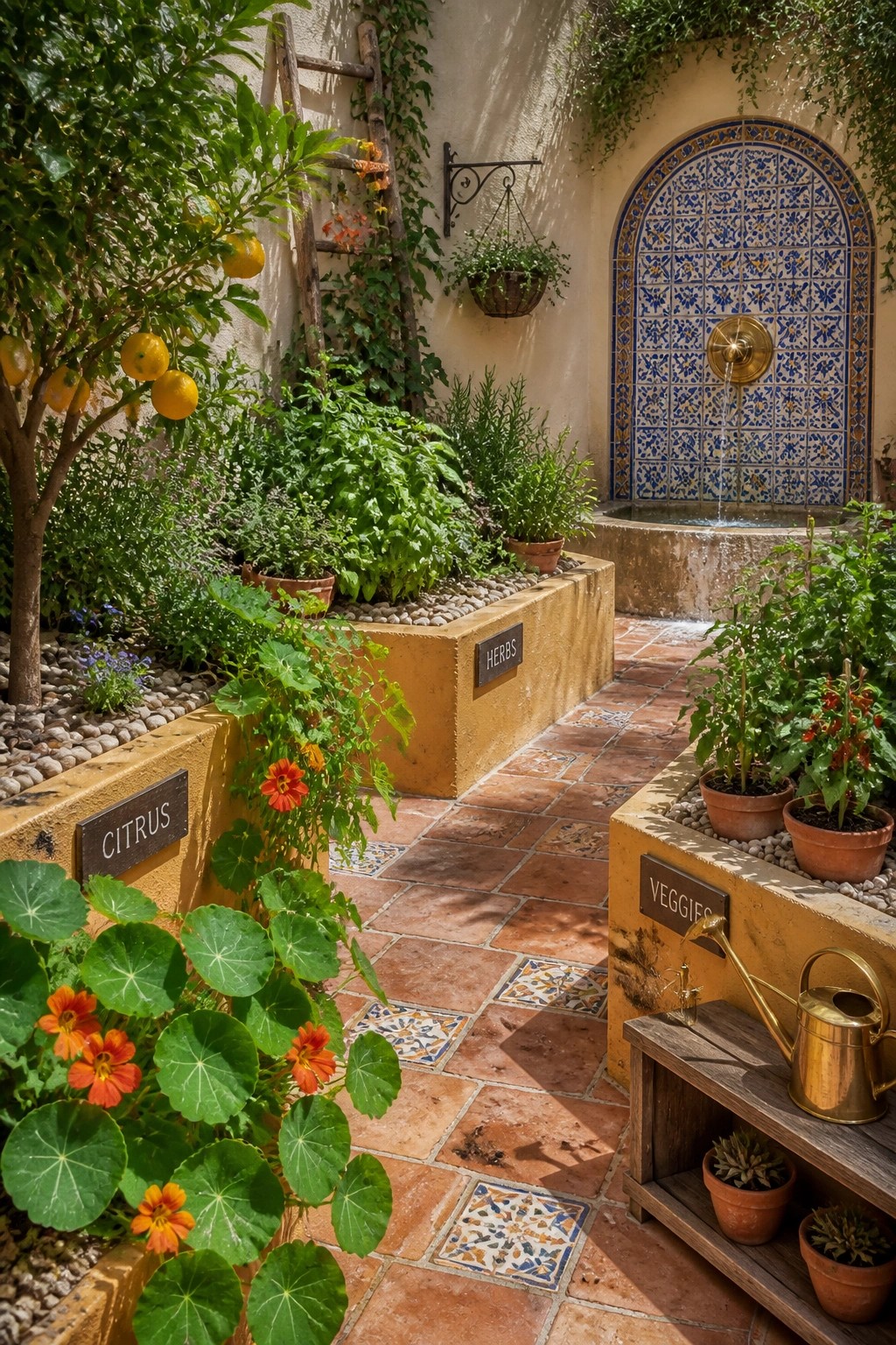 A courtyard garden with raised stucco beds labeled citrus, herbs, and veggies, a blue tiled fountain, and terracotta tile flooring.