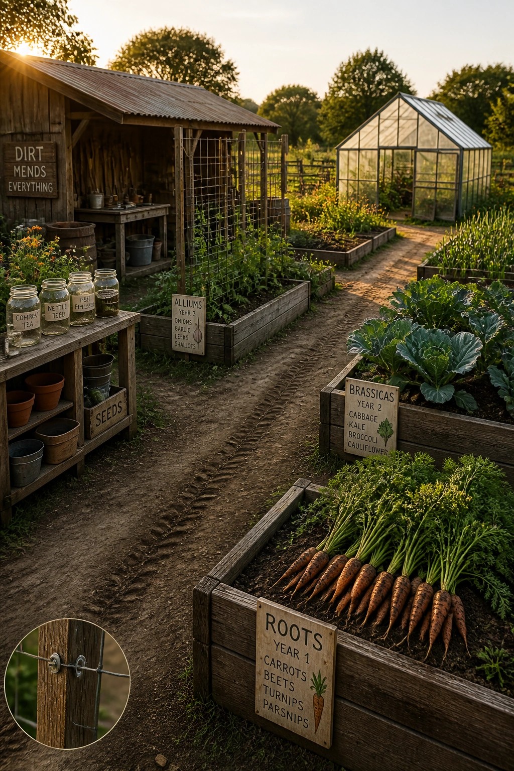 Rustic garden with labeled raised beds of carrots, brassicas, shed, and greenhouse at sunset.