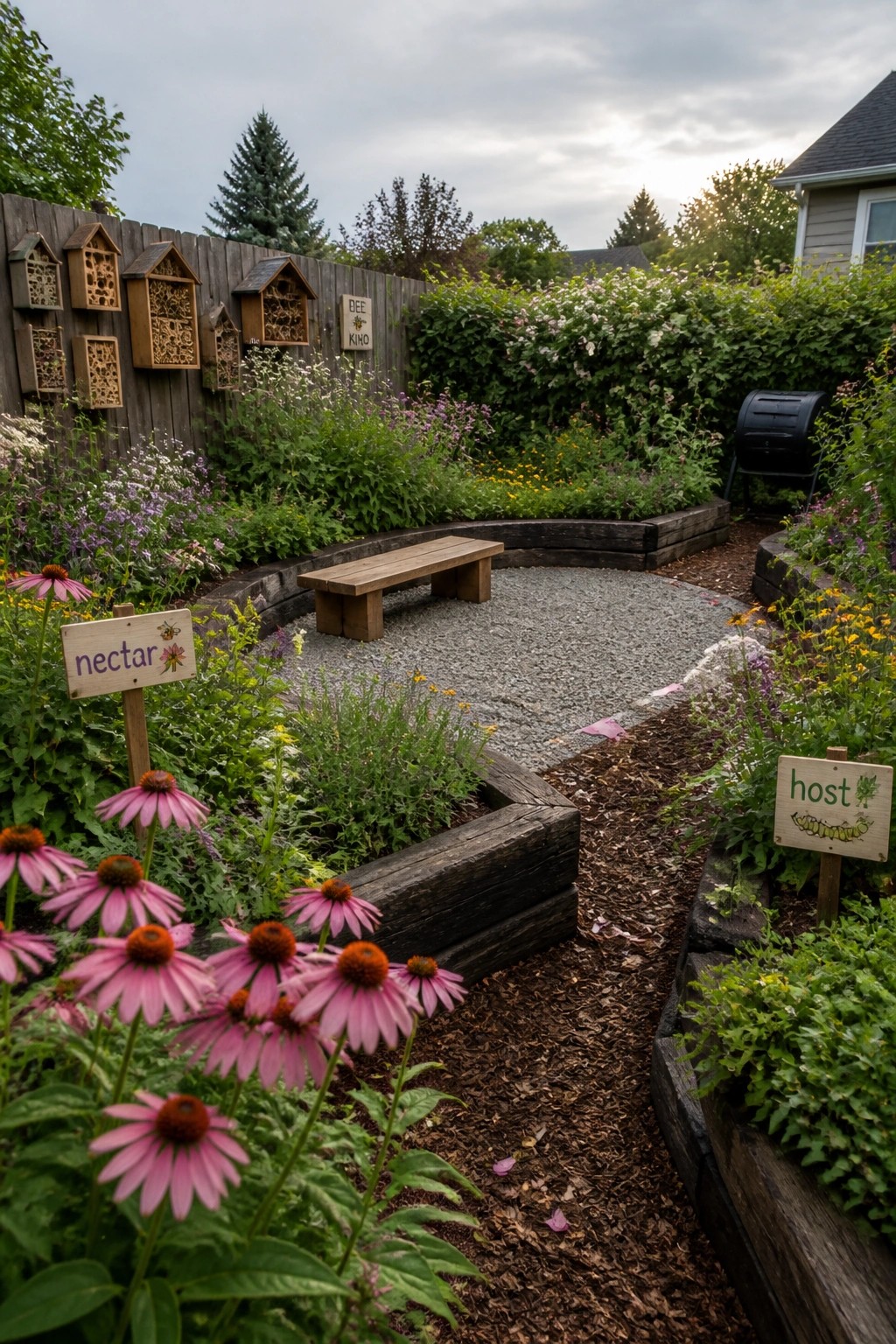A garden view showing wooden raised beds with pink coneflowers, a central gravel area, and two wooden signs labeling nectar and host plant sections.