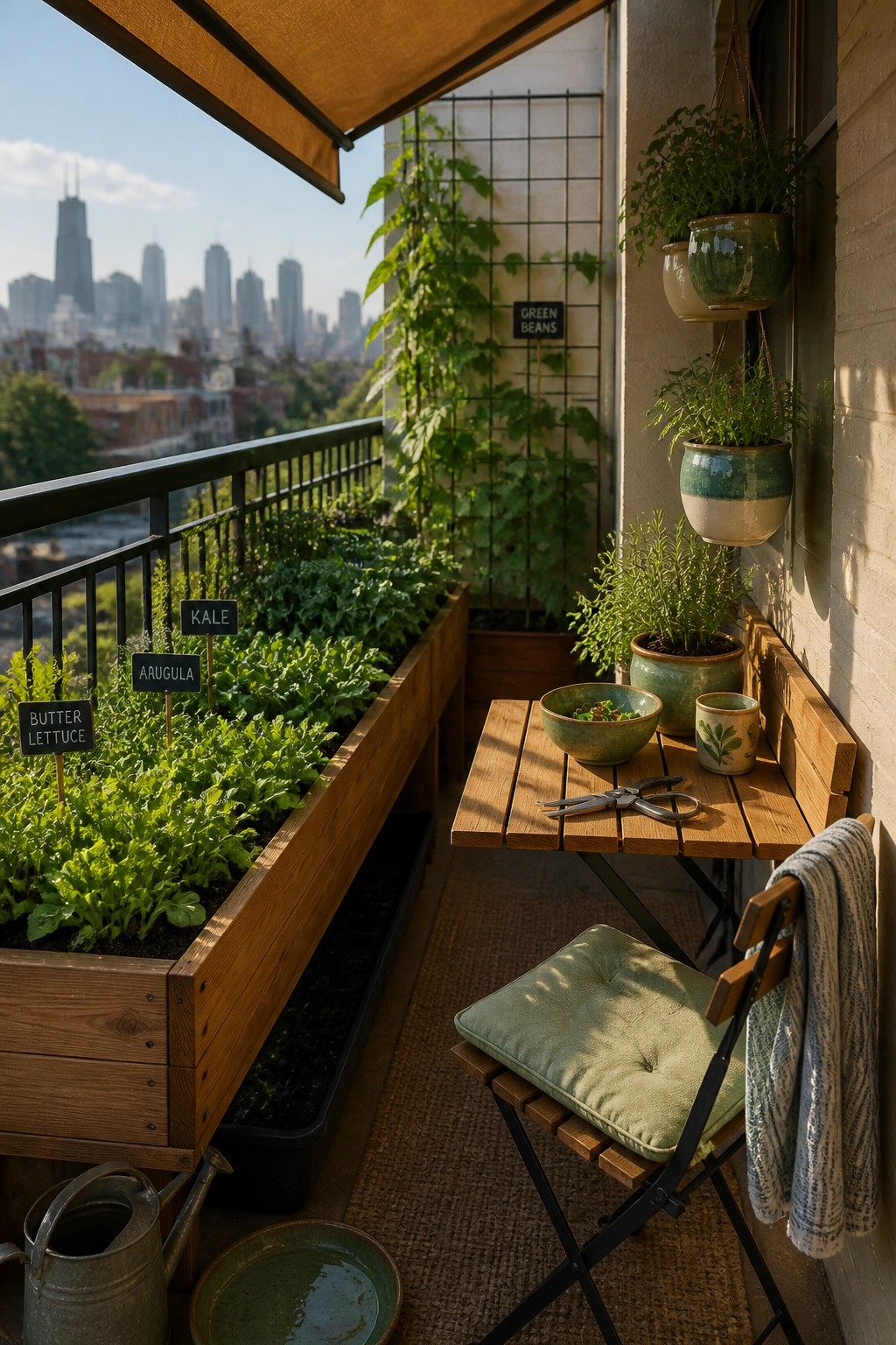 A balcony features a long wooden raised garden bed with labeled vegetable plants, a small folding table with gardening tools, and hanging pots along the wall.