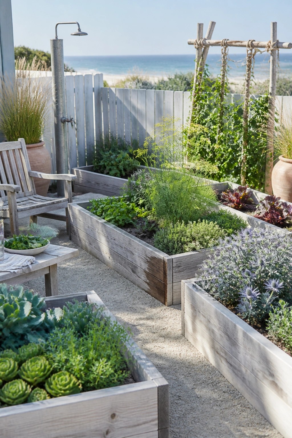 A garden scene with multiple rectangular wooden raised beds containing a mix of green leafy plants, herbs, and flowering varieties arranged on sandy ground.