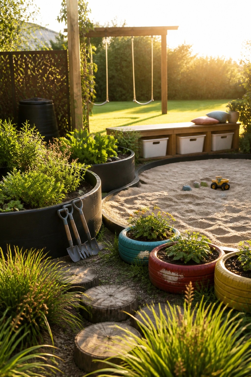 A backyard garden with raised beds made from tires and metal containers bordering a sandy play area, with a wooden swing set visible in the background.