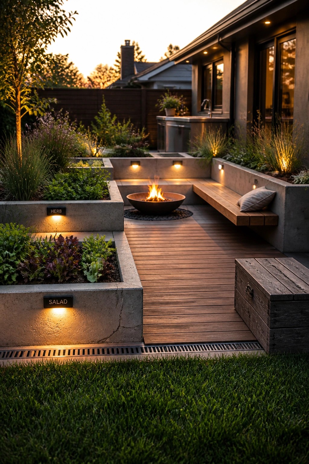 Concrete raised garden beds labeled herb and salad with leafy plants sit around a wooden deck featuring a fire pit and built-in bench seating at dusk.