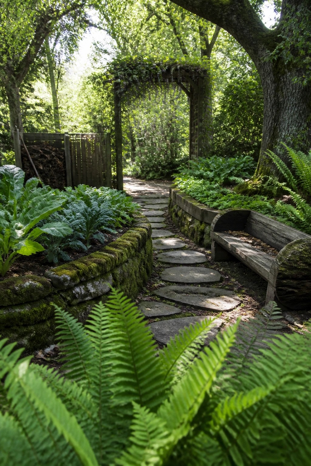 A winding stone path bordered by moss-covered raised stone beds on the left and a rustic wooden bench on the right, with an arbor visible ahead.