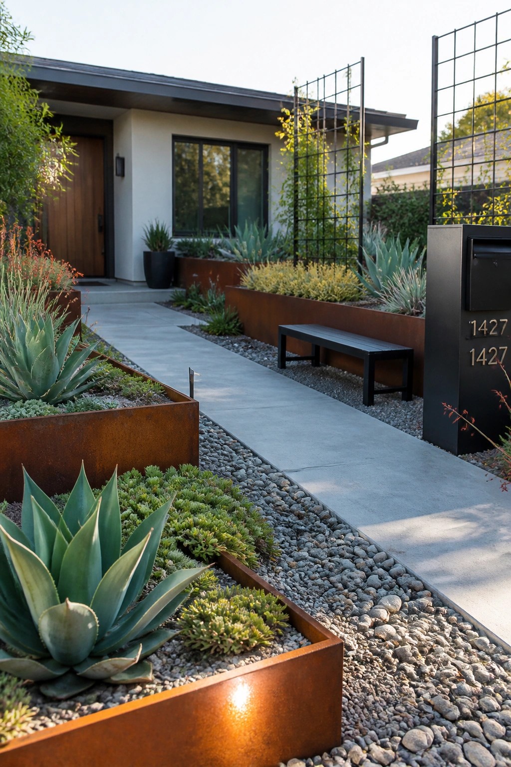 A modern front yard with raised corten steel beds containing succulents and agaves, a concrete walkway, and gravel ground cover beside a house.