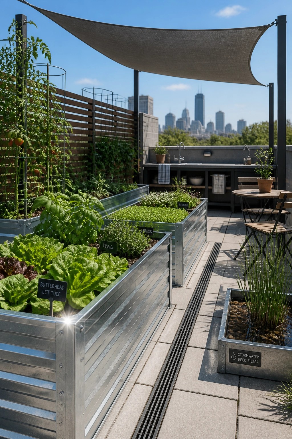 A rooftop garden featuring multiple galvanized metal raised beds with labeled vegetable and herb plants, an outdoor kitchen, and a city skyline visible in the background.