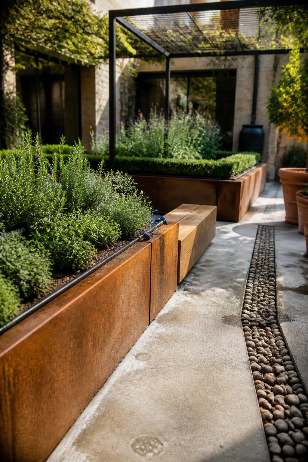 A narrow garden path bordered by rectangular corten steel raised beds filled with green plants, with a gravel strip running alongside.