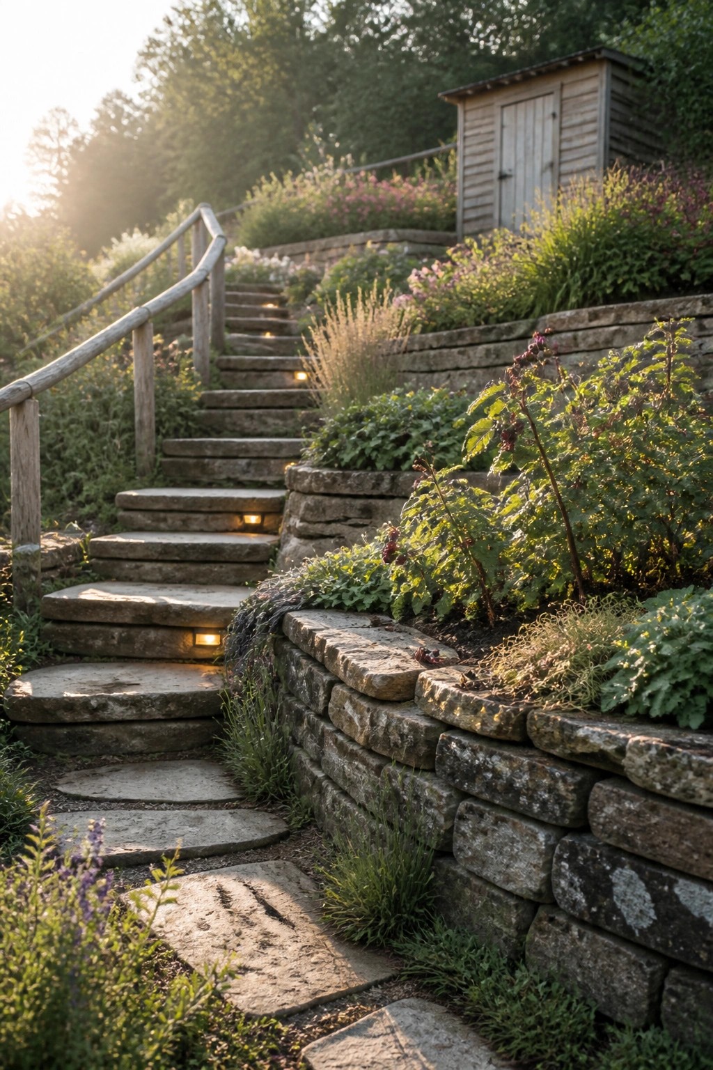 Stone staircase with glowing lights winds through lush garden to wooden shed