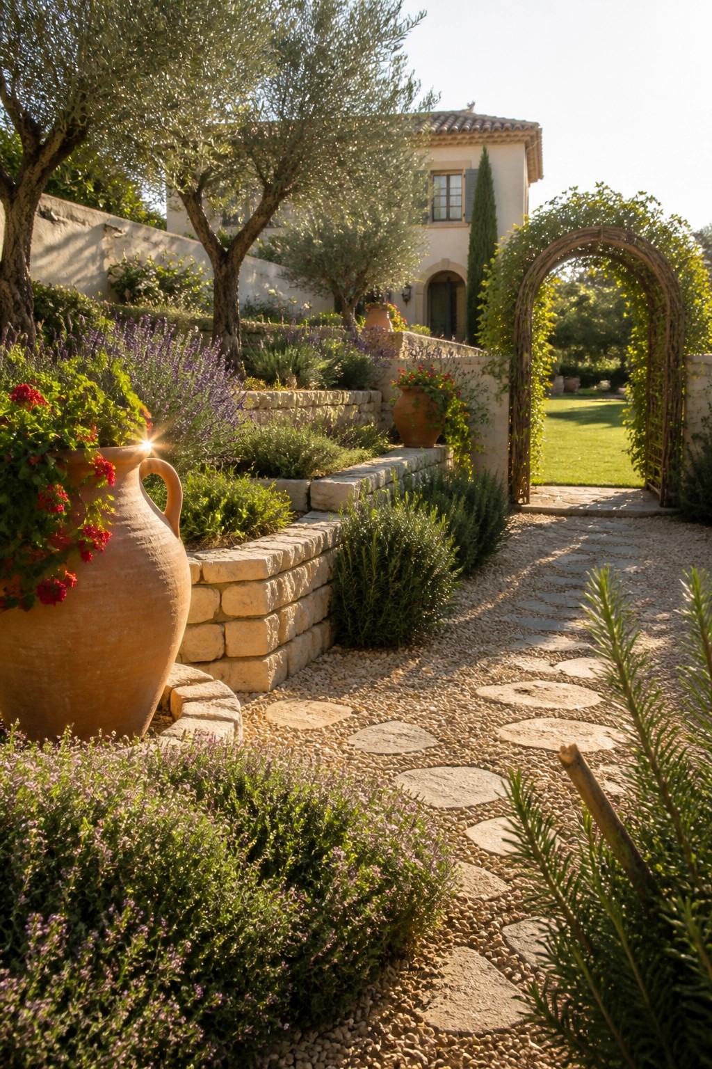 A gravel garden path with large stepping stones runs beside low stacked-stone raised beds planted with lavender and red flowers, leading toward a wooden garden arch and a house in the background.