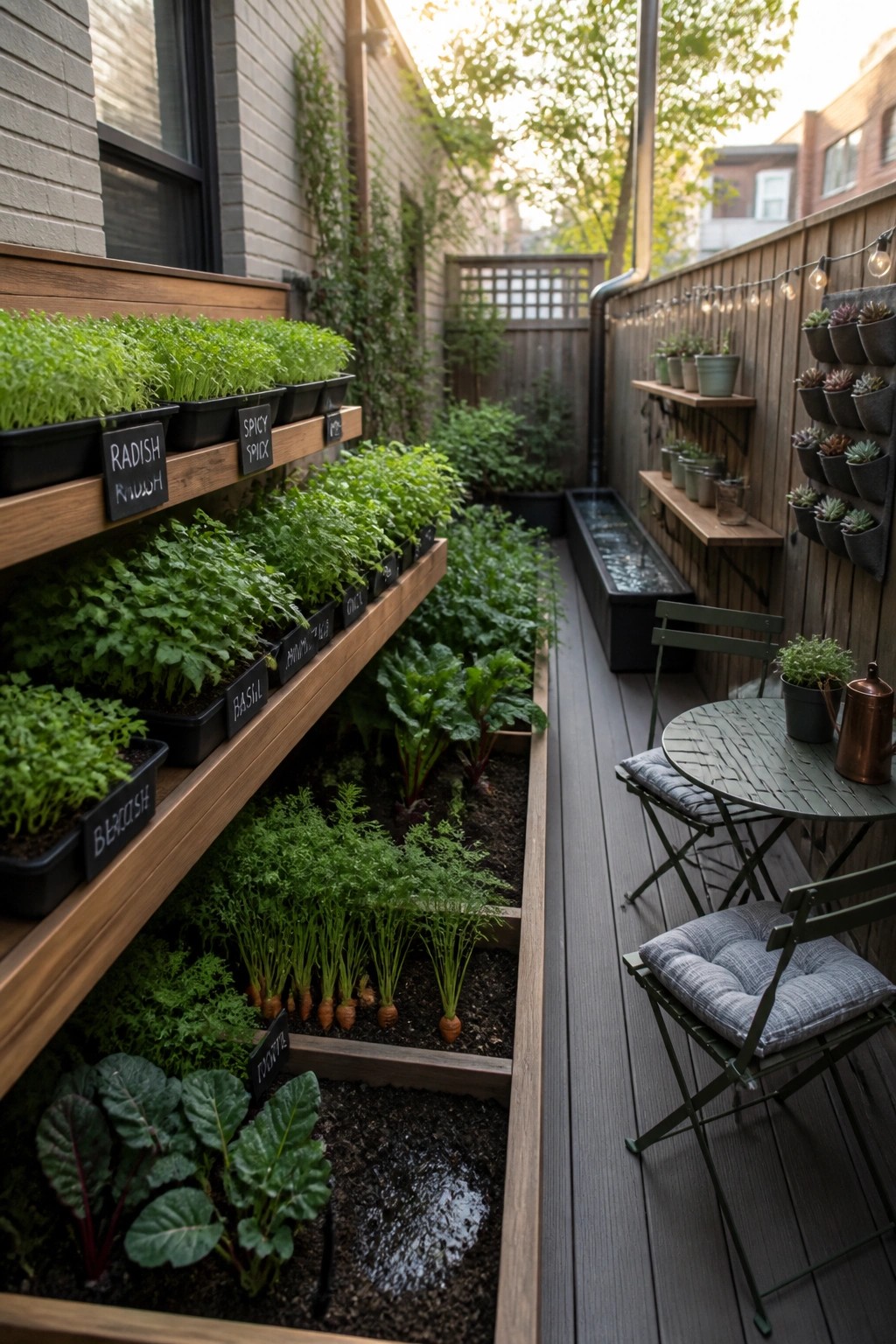 A narrow garden space with multi-level wooden raised beds holding labeled pots of herbs and vegetables beside a wooden deck with seating.