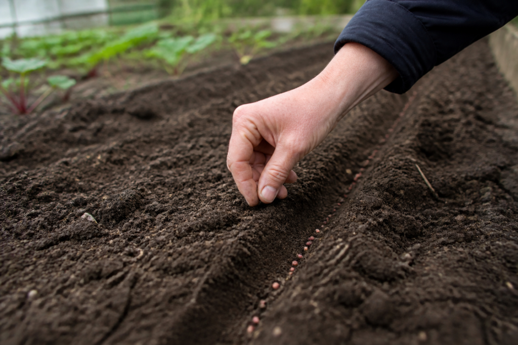 Hands sowing beet seeds in a shallow garden row