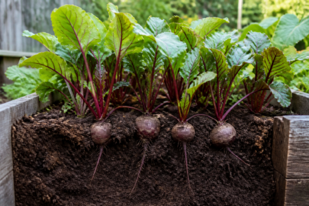 Beet roots developing in loose soil beneath leafy tops