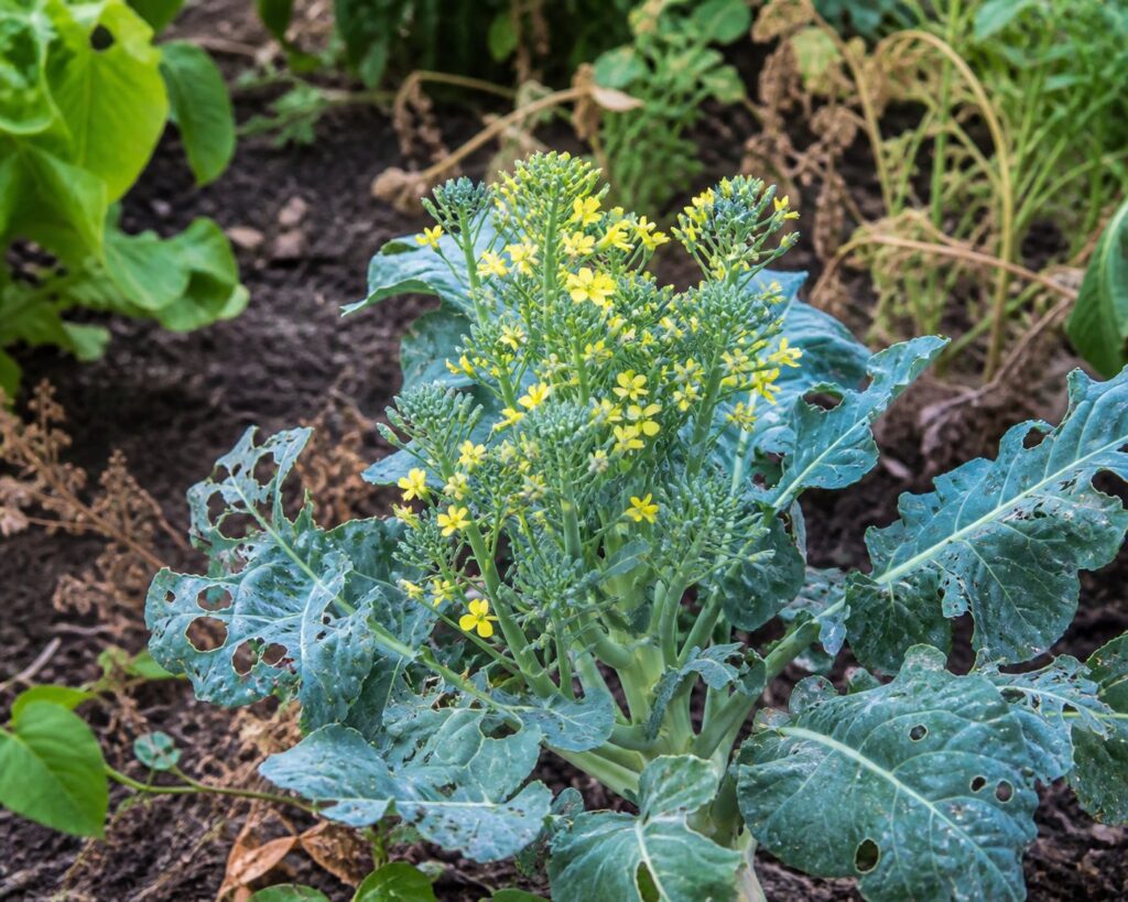 Broccoli crown opening with yellow flowers in warm weather