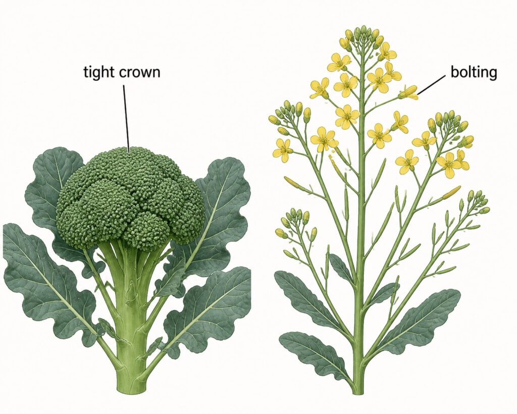 Comparison of a tight broccoli crown and bolting flowers