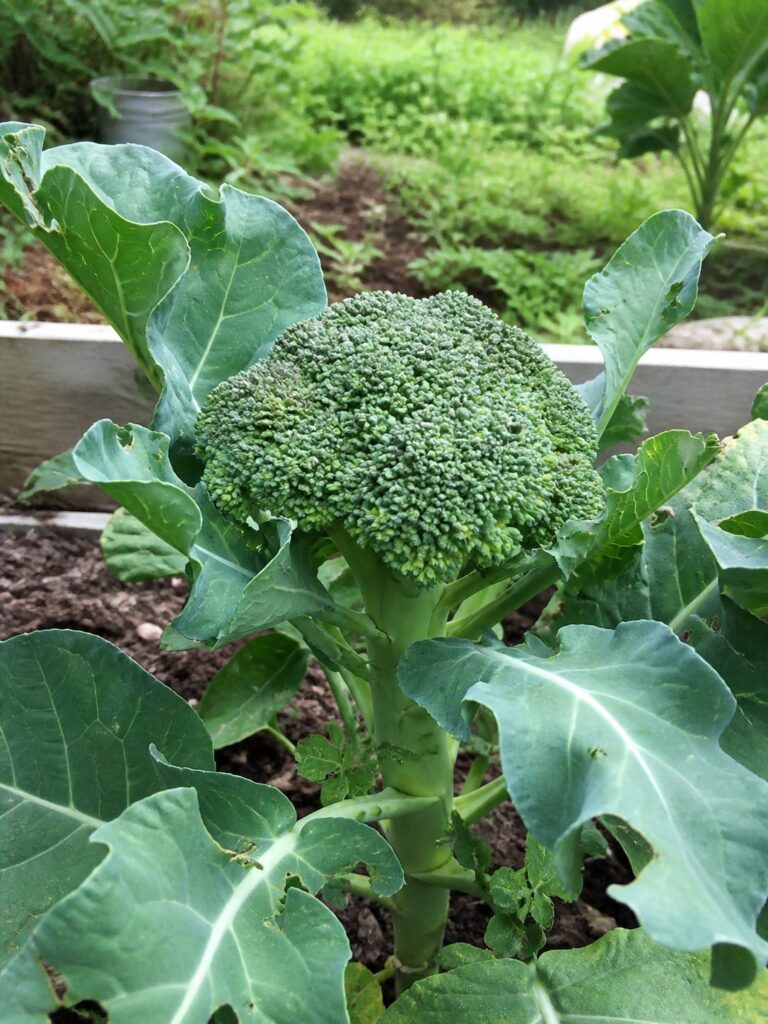Healthy broccoli plant with a compact green crown in a raised bed