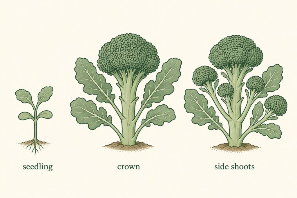 Diagram of broccoli seedling crown and side-shoot stages