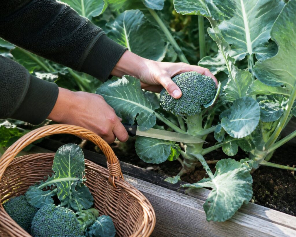 When and How to Harvest Broccoli Gardener cutting a broccoli head into a harvest basket