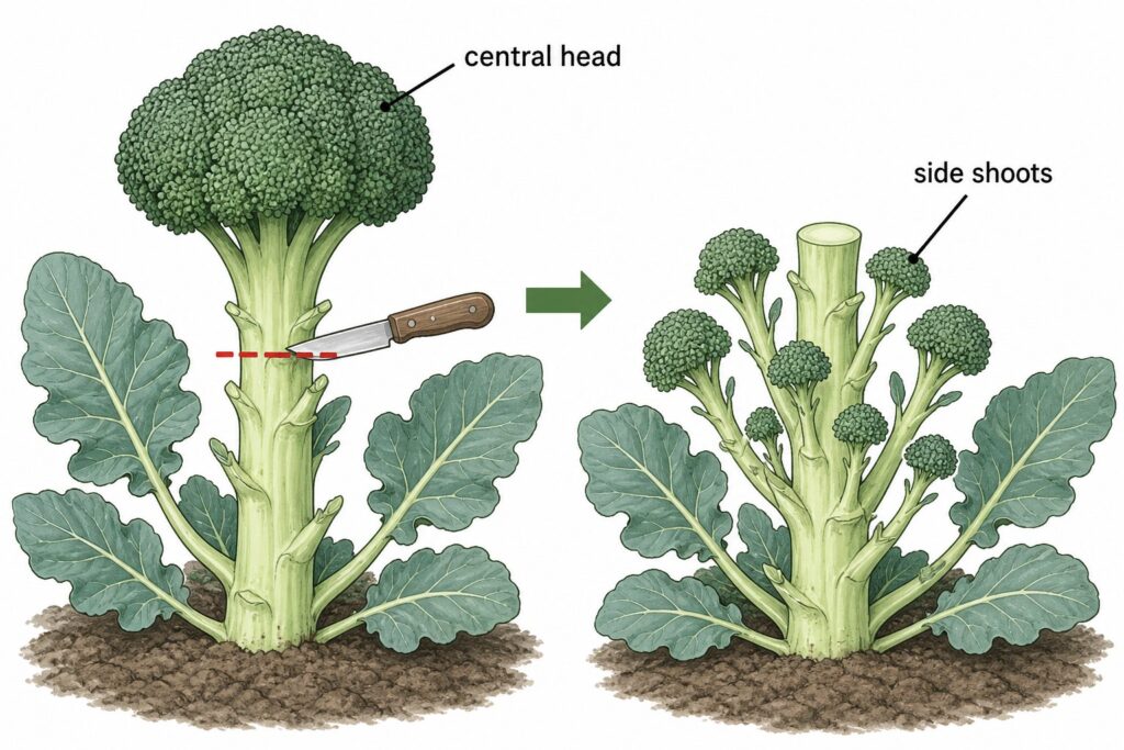 Diagram showing central broccoli head and side shoots