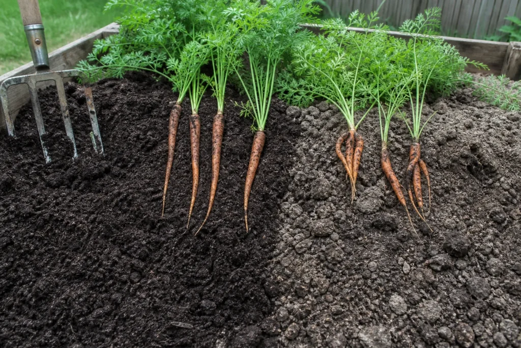 Loose, stone-free carrot soil beside compacted, cloddy soil with differently shaped carrot roots