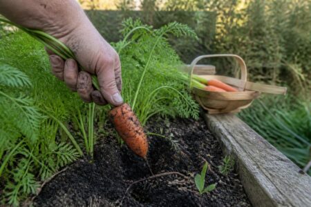 Gardener lifting a freshly harvested carrot from a raised garden bed