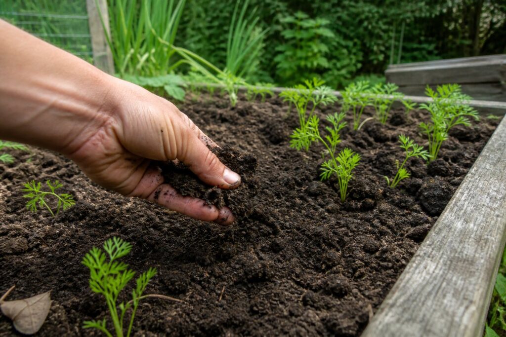 Loose dark soil beside young carrots in a raised garden bed