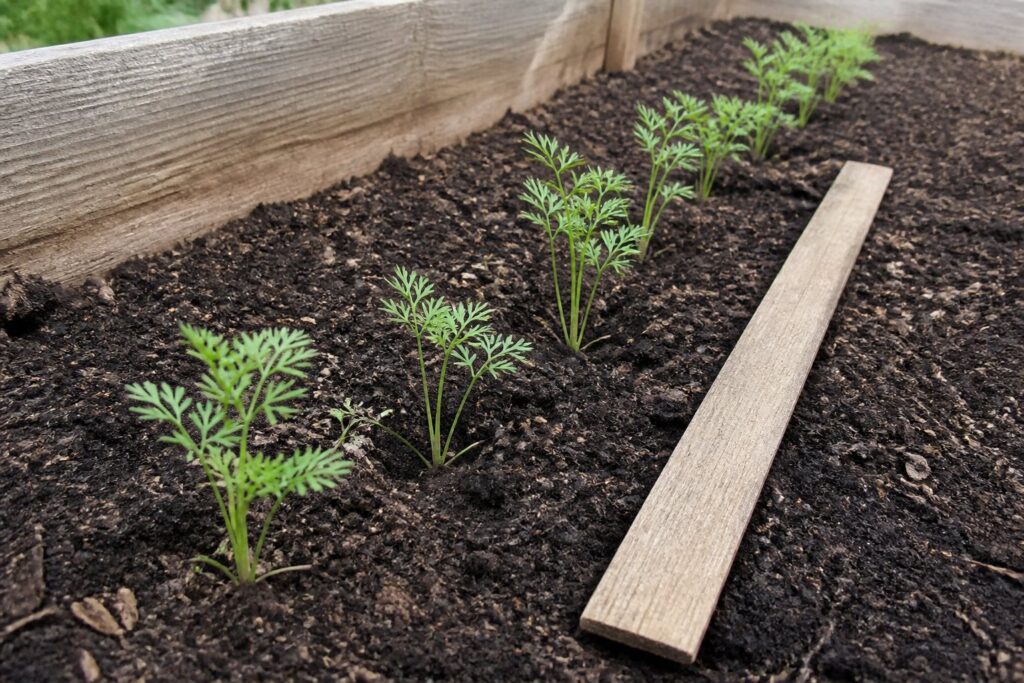 Carrot Spacing Guide: How to Thin and Space Carrots Young carrot plants spaced apart in a raised bed beside a plain wooden measuring stick