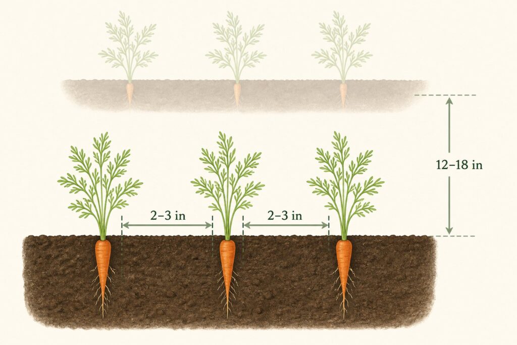 Diagram showing carrot plants and row spacing