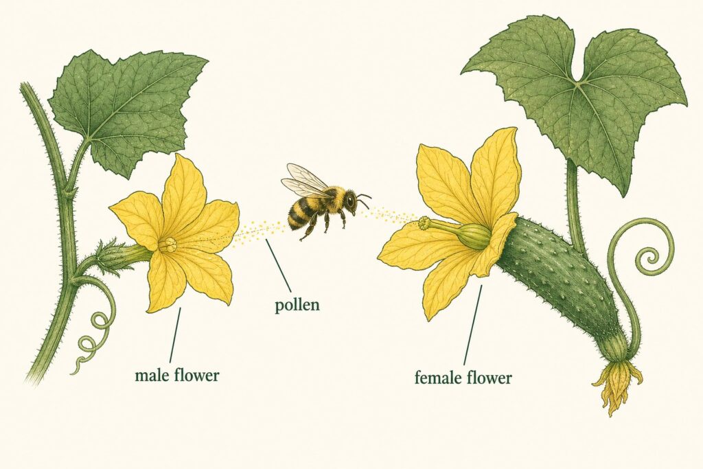 Diagram explaining pollen transfer between male and female cucumber flowers
